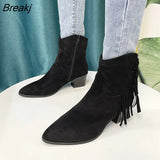 new fashion ankle boots elegant tassel sheep Suede Western boots middle heel pointed side zipper