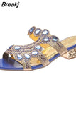 New 2023 Rhinestone Slippers Ladies Chunky Heels Hollow Casual Slippers Fashion Beach Shoes Woman Sandalias De