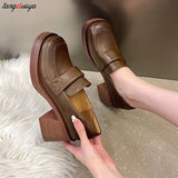 Loafers heels Platform Shoes Casual Slip-On Loafers Round Toe Shoes Woman Chunky Heel Women Shoes Zapatos De Mujer