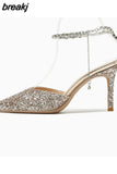 34-41 Women Sandals Pointed Toe Crystal Female Pumps Thin High Heel Slip-On Solid Sexy Ladies Summer Shoes