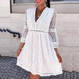Women Elegant Lace Embroidery Patchwork Party Dress Fashion Sexy V Neck Flared Sleeve Mini Dress Spring Lady Solid Loose