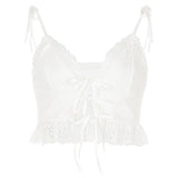 Frill Lace Sexy Crop Tops Tees Women Front Tie Sleeveless Cami Top Summer White V Neck Spaghetti Strap Top Party