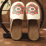 Women Canvas Close Toe Mules Slippers Handmade Ladies Comfortable Linen Knitted Bottom Embroidered Flat