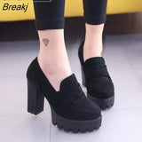 Bottom 10CM Pumps Suede High Heels Round Head Waterproof Platform Black Single Shoes Woman's Spring Autumn Slip-On