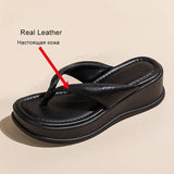 Size 34-40 Women Real Leather Slippers Platform Sandals High Heel Leisure Flip Flops Summer Flat Beach Shoes