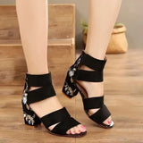 for Women 2023 New Ankle-Wrap Women's Sandals Summer Black Embroidered Mid-heel Sandals Elegant Open Toe Square Heel
