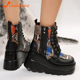Women's Punk Gothic Platform Wedge Ankle Boots 2023 Hot Sale Round Toe Lace Up Buckle Strap Short Boots Side Zipper Female