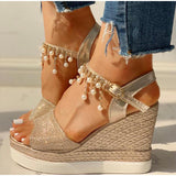 2020 New Women Wedge Sandals Summer Bead Studded Detail Platform Sandals Buckle Strap Peep Toe Thick Bottom Casual Shoes