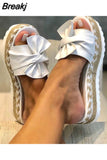 Women Bowknot Sandals 2023 Summer Casual Daily Comfy Slip On Platform Sandals Women's Toe Breathbale Weave