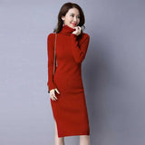 autumn winter meduim long women sweater dress split side turtleneck robe female elasticity slim bodycon knit long