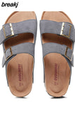 New Summer Men Beach Slides Shoe Casual Cork Nubuck Leather Outdoor Fashion Double Buckle Slippers