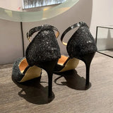 Heels Wedding Bride Shoes Women 2024 Luxury Ankle Buckle Stiletto Heel Pumps Women Silver Sequins Pointed Toe Pumps