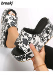Print Chunky Platform Slippers Women Fashion Flower Thick Bottom Slides Woman Pu Leather Flip Flops Summer Female
