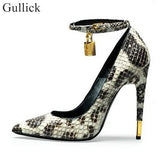 Lock High Heel Pointed Toe Pump Ankle Strap Metal Heels Padlock Pumps Low Cut-out Patchwrok Banquet Dress Shoes Plus