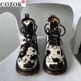Motorcycle Boots Autumn Winter Fashion Solid Color Martin Boots Women High Quality Comfortable Cow pattern Female