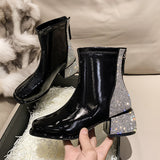 Boots Luxury Back Zipper Square Head Black Square Heel Crystal Shiny Shoes for Women Fashion High Heel Botas De