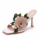 Queen Summer Lace Flower Square Toe Heels High Quality PU Slippers Gladiator Sandals Womens Slides
