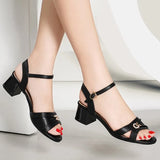 4.5CM Open toe Leather Roman Square heel High heels sandals women summer shoes Fashion Sexy word Metal Buckle ladies