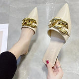 Women's Mules Shoes Pointed Toe Low Heel Women's Slippers Summer Metal Chain Female Sandals Woman Closed Toe Casual