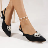 Brand Crystal Buckle Pearl Designer Shoes Women Low Thin Heels Sandals Pointed Toe Slingback Slip On Mules Dress