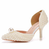 Queen White Pearl Wedding Shoes Bride High Heels Sandals Pointed Toe Pumps Ladies Party Ankle Strap