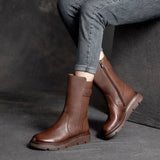 Mid Calf Women's Boots Wedge Heel Biker Shoes for Woman Half High Leather Brown Fashion 2023 on Offer Free Shipping