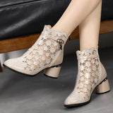 Spring Summer Fashion Rhinestones Gauze Sandals Thick Heels Mesh Autumn Ankle Boots Female Hollow Women's