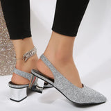 Bling Gold Silver Women's Sandals 2023 Sexy Point Toe Thick Heel Party Shoes Woman Summer Slip-on Square Heeled