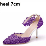 Queen Women Lace High Heels Banquet Wedding Shoes Bridal Sandals Pointed Sweet Wild Single Pumps Large