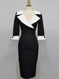 Fashion Elegant Office Lady Women Dress Sexy Retro Casual Turn-Down Collar Black Formal Slim Midi Party Pencil Femme