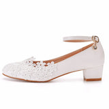 Queen White Lace Women Pumps Platform 3CM High Heels Ankle Strap Ladies Office Party Dance Wedding