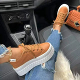 Women Casual Lace-up Sports Shoes SolidColor Platform Designer Ladies Running Pu Leather Outdoor Female Leisure Sneakers