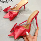 Sexy Party Nightclub Stripper Heels 11CM Slippers Fashion Bowknot Pointed Open Toe Crystal Rhinestone Shoes Women