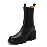 Boots Women 2022 Winter Split Cow Leather Chunky Heel Black Mid-calf Ladies Platform Bootie Handmade High Quality