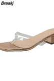 New Summer Fashion Women Shoes Crystal Clear Transparent Slippers Female Shoes Middle Heels Comfortable Woman Mules
