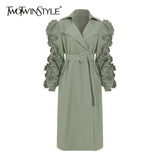Patchwork Ruffle Ruched Casual Windbreaker For Women Lapel Long Sleeve High Waist Sashes Black Trench Female