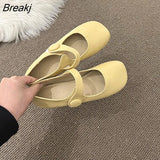 Flat Shoes Women Simple Single Shoes Square Toe Leather Shoes Solid Color Comfortable Sole Spring