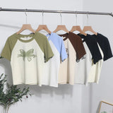 Retro Printed Short-Sleeved T-Shirt Women's Short-Coln High-Waisted Body Shirt