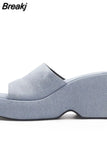 Dropship 2023 Summer Brand New Women Single Band Platform Sandals Black Nylon Chunky Platform Wedges Slipper
