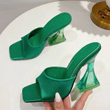 Green Women's Shoes Slippers Silky Wide Band Transparent Strange High Heels Comfortable PU Leather Slides Sandals