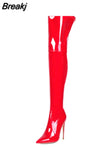 Women Over Knee High Boots Woman Patent Leather Stretch High Heel Boots Sexy Ladies Pointed Toe Thin Heel Botas