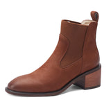 Ankle Boots Women Cow Leather Block High Heels Brown Black Chelsea Genuine Leather Short Boot Elegent Bootie Goth