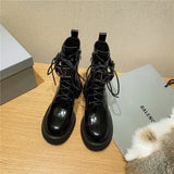 Women Genuine Leather Motorcycle Boots Platform Thick High Heel Lace Up Lady Shoes Zipper Ankle Boots 2021 Autumn