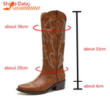 Boots Pointed Toe Mid Calf Boots Autumn Winter 2023 Vintage Style Embroidery Boots Thick Heels Comfy Walking Lady