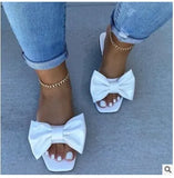 Summer Plus Size One-line Solid Color Bow Flat Sandals Outdoor Beach Slippers Elegant Women Shoes