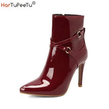 High Heels Boots Women Ankle 2023 New Glossy Patent Leather Stilettos Pointed Toe Cross Bandage Zip Plus Size 34-50