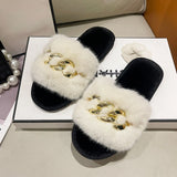 Chain Design Women Home Slippers Solid Color Open Toe Indoor Winter Flat Non-slip Leisure Interior Female Shoes