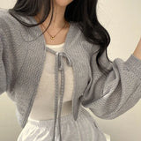 White Knitted Cardigan Women Summer Thin Sunscreen Lace-Up Knitwear Tops Female Korean Style Lantern Sleeve Short