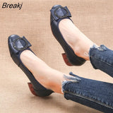2022 Genuine Leather Square Toe Pumps Women Shoes Low Heel Shallow Round Buckle Slip-On Leather Casual Shoes For