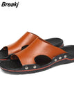 Mens Slippers Outdoor Summer Genuine Leather Slides for Men Couple Non-slip Women Home Fashion Casual Single Shoes Large